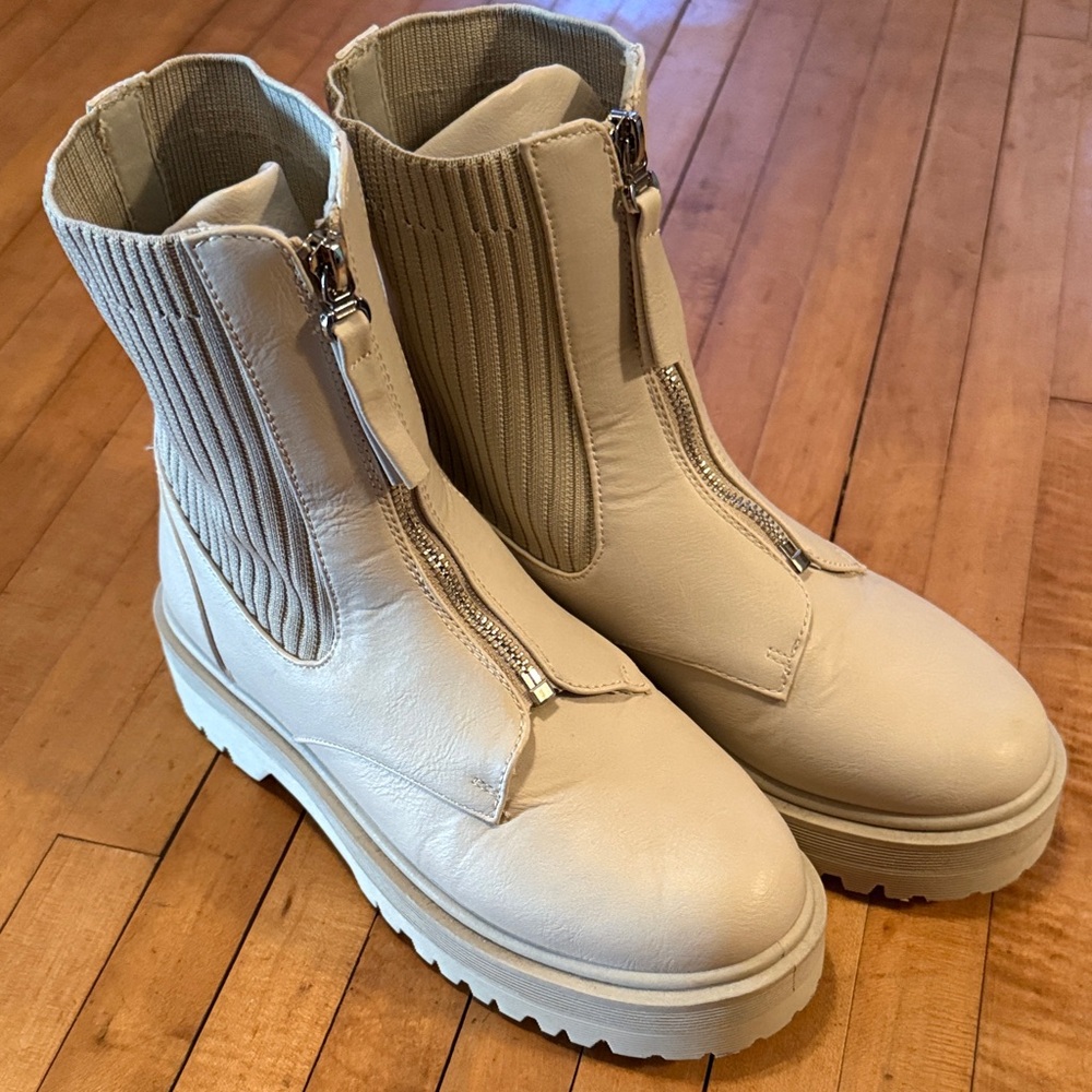 Qupid Cream Zip Up Sock Combat Boots